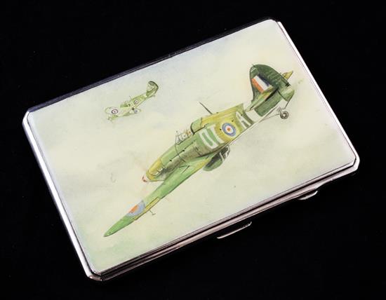 A George VI silver cigarette case with enamelled top painted with two Hurricanes, 5in.